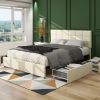 Vera Queen Size Ivory Velvet Upholstered Platform Bed with Patented 4 Drawers Storage, Square Stitched Button Tufted Headboard, Wooden Slat Mattress S