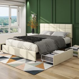 Vera Queen Size Ivory Velvet Upholstered Platform Bed with Patented 4 Drawers Storage, Square Stitched Button Tufted Headboard, Wooden Slat Mattress S