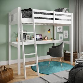 Everest White High Loft Bed with Desk and Storage, Heavy Duty Solid Wood Twin Size Loft Bed Frame with Stairs for Kids and Toddlers, No Box Spring Nee