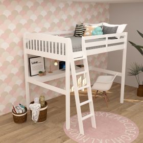 Everest White High Loft Bed with Desk and Storage, Heavy Duty Solid Wood Full Size Loft Bed Frame with Stairs for Kids and Toddlers, No Box Spring Nee