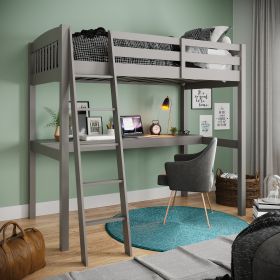 Everest Grey High Loft Bed with Desk and Storage, Heavy Duty Solid Wood Twin Size Loft Bed Frame with Stairs for Kids and Toddlers, No Box Spring Need