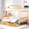 Full Size House Platform Bed with Two Drawers,Headboard and Footboard,Roof Design,Natural