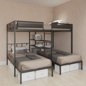 Metal Full over Twin Beds with Shelves/ Sturdy Metal Frame/ Noise-Free Wood Slats/ Comfortable Textilene Guardrail/ Bunk Bed for Three/ Built-in 3-Tie
