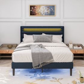 Queen Size Bedframe with LED Bedside Induction Light, Wrapped in Linen, Bedside Atmosphere Light, Anti Slip and Noise Free, Easy to Assemble, Dark Blu