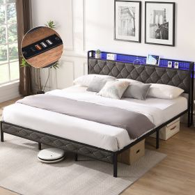 King Bed Frame with Storage Headboard, Charging Station and LED Lights, Upholstered Platform Bed with Heavy Metal Slats, No Box Spring Needed, Noise F