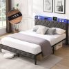 Full Bed Frame with Storage Headboard, Charging Station and LED Lights, Upholstered Platform Bed with Heavy Metal Slats, No Box Spring Needed, Noise F