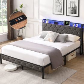 Queen Bed Frame with Storage Headboard, Charging Station and LED Lights, Upholstered Platform Bed with Heavy Metal Slats, No Box Spring Needed, Noise