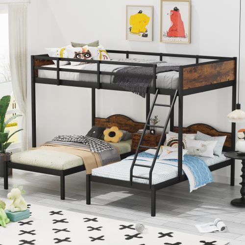 Full Over Twin & Twin Bunk Bed Metal Triple Bed With Nightstand and Guardrails. Black & Brown, 96.9'' L x 76'' W x 69'' H Full Over Twin & Twin Bunk Bed Metal Triple Bed With Nightstand and Guardrails. Black & Brown, 96.9'' L x 76'' W x 69'' H