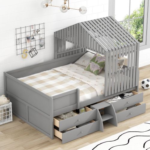 Full Size House Low Loft Bed with Four Drawers,Gray Full Size House Low Loft Bed with Four Drawers,Gray