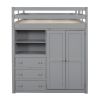 Wood Full Size Loft Bed with Built-in Wardrobe, Desk, Storage Shelves and Drawers, Gray