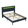Queen Size Bedframe with LED Bedside Induction Light, Wrapped in Linen, Bedside Atmosphere Light, Anti Slip and Noise Free, Easy to Assemble, Dark Blu