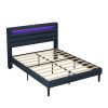 Queen Size Bedframe with LED Bedside Induction Light, Wrapped in Linen, Bedside Atmosphere Light, Anti Slip and Noise Free, Easy to Assemble, Dark Blu