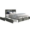 Vera Queen Size Gray Linen Upholstered Platform Bed with Patented 4 Drawers Storage, Square Stitched Button Tufted Headboard, Wooden Slat Mattress Sup