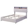 Full Size Upholstered Platform Bed with Storage Headboard, LED, USB Charging and 2 Drawers, Beige