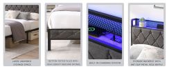 Queen Bed Frame with Storage Headboard, Charging Station and LED Lights, Upholstered Platform Bed with Heavy Metal Slats, No Box Spring Needed, Noise