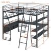 Full Size Loft Bed with 4 Layers of Shelves and L-shaped Desk, Stylish Metal Frame Bed with a set of Sockets, USB Ports and Wireless Charging, Black