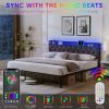 King Bed Frame with Storage Headboard, Charging Station and LED Lights, Upholstered Platform Bed with Heavy Metal Slats, No Box Spring Needed, Noise F