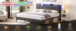 King Bed Frame with Storage Headboard, Charging Station and LED Lights, Upholstered Platform Bed with Heavy Metal Slats, No Box Spring Needed, Noise F
