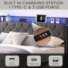 Full Bed Frame with Storage Headboard, Charging Station and LED Lights, Upholstered Platform Bed with Heavy Metal Slats, No Box Spring Needed, Noise F