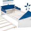 Twin Size Boat-Shaped Platform Bed with Twin size Trundle,Twin Bed with Storage for Bedroom,Blue