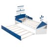 Twin Size Boat-Shaped Platform Bed with Twin size Trundle,Twin Bed with Storage for Bedroom,Blue