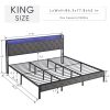 King Bed Frame with Storage Headboard, Charging Station and LED Lights, Upholstered Platform Bed with Heavy Metal Slats, No Box Spring Needed, Noise F