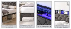 King Bed Frame with Storage Headboard, Charging Station and LED Lights, Upholstered Platform Bed with Heavy Metal Slats, No Box Spring Needed, Noise F