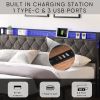 King Bed Frame with Storage Headboard, Charging Station and LED Lights, Upholstered Platform Bed with Heavy Metal Slats, No Box Spring Needed, Noise F