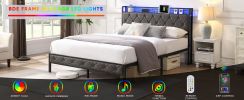 Full Bed Frame with Storage Headboard, Charging Station and LED Lights, Upholstered Platform Bed with Heavy Metal Slats, No Box Spring Needed, Noise F