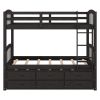 Twin over Twin Wood Bunk Bed with Trundle and Drawers, Espresso