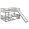 Bunk Bed with Slide,Twin Over Twin Low Bunk Bed with Fence and Ladder for Toddler Kids Teens Grey