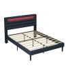 Queen Size Bedframe with LED Bedside Induction Light, Wrapped in Linen, Bedside Atmosphere Light, Anti Slip and Noise Free, Easy to Assemble, Dark Blu