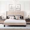 Queen Size Velvet Upholstered Platform Bed, Box Spring Needed - Beige