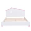 Full Size Wood Platform Bed with House-shaped Headboard (White+Pink)