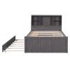 Full Size Platform Bed with Storage Headboard, Charging Station, Twin Size Trundle and 3 Drawers, Antique Brown
