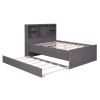 Full Size Platform Bed with Storage Headboard, Charging Station, Twin Size Trundle and 3 Drawers, Antique Brown