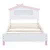 Twin Size Wood Platform Bed with House-shaped Headboard and Motion Activated Night Lights (White+Pink)