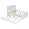 Full Size Platform Bed with Storage Headboard, Charging Station, Twin Size Trundle and 3 Drawers, Antique White