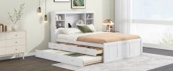 Full Size Platform Bed with Storage Headboard, Charging Station, Twin Size Trundle and 3 Drawers, Antique White