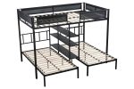 Metal Full over Twin Beds with Shelves/ Sturdy Metal Frame/ Noise-Free Wood Slats/ Comfortable Textilene Guardrail/ Bunk Bed for Three/ Built-in 3-Tie