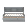 Twin Size Wooden Captain Bed with Built-in Bookshelves,Three Storage Drawers and Trundle,Light Grey