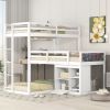 L-shaped Wood Triple Twin Size Bunk Bed with Storage Cabinet and Blackboard, Ladder, White