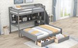 Twin XL over Full Bunk Bed with Built-in Storage Shelves, Drawers and Staircase,Gray