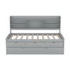 Twin Size Wooden Captain Bed with Built-in Bookshelves,Three Storage Drawers and Trundle,Light Grey