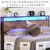 Queen Size Bed Frame with Storage Headboard and 2 Drawers, LED Lights Bed with Charging Station, Metal Platform Bed No Noise, Mattress Foundation Stro