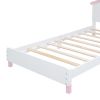 Twin Size Wood Platform Bed with House-shaped Headboard and Motion Activated Night Lights (White+Pink)