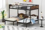 Full Over Twin & Twin Bunk Bed Metal Triple Bed With Nightstand and Guardrails. Black & Brown, 96.9'' L x 76'' W x 69'' H