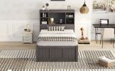 Twin Size Platform Bed with Storage Headboard, Charging Station, Twin Size Trundle and 3 Drawers, Antique Brown