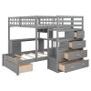 Full Over Twin Bunk Bed with Desk, Drawers and Shelves, Gray