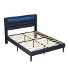 Queen Size Bedframe with LED Bedside Induction Light, Wrapped in Linen, Bedside Atmosphere Light, Anti Slip and Noise Free, Easy to Assemble, Dark Blu